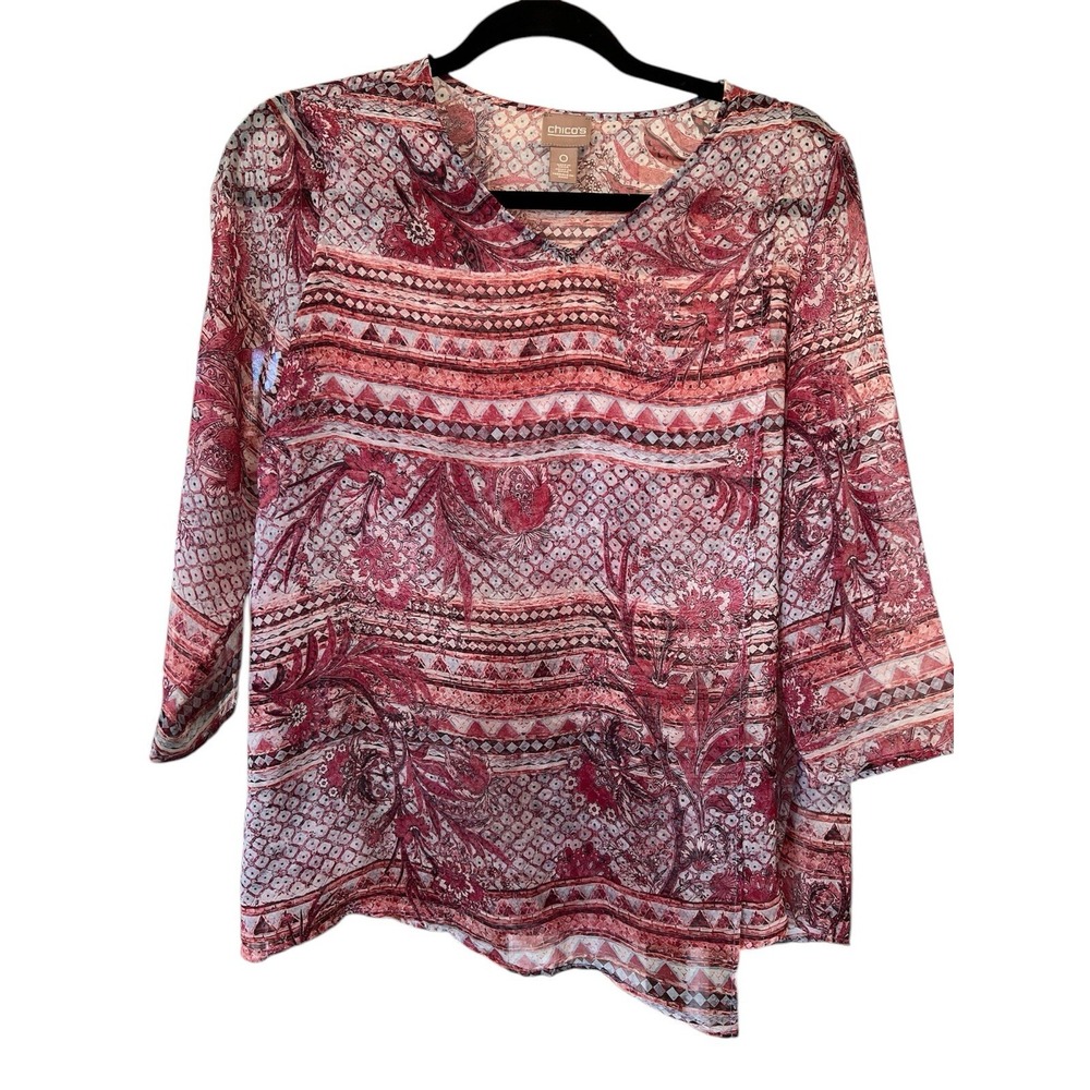 Chicos Geometric Floral‎ Asymmetrical Hem Blouse Top Size 0 S boho cottagecore